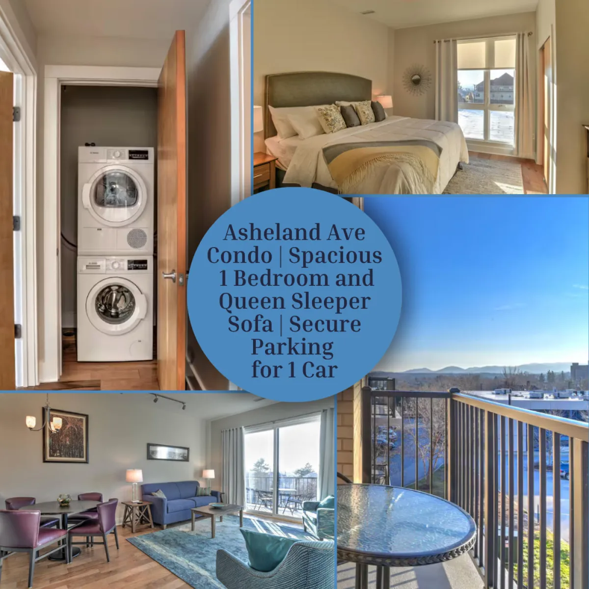 The image showcases a bright, inviting living area with plush bedding in the bedroom, a comfortable seating area in the living room, and large doors opening to a private balcony with sweeping sunset views over Asheville. The in-unit washer and dryer are visible, emphasizing both convenience and comfort.